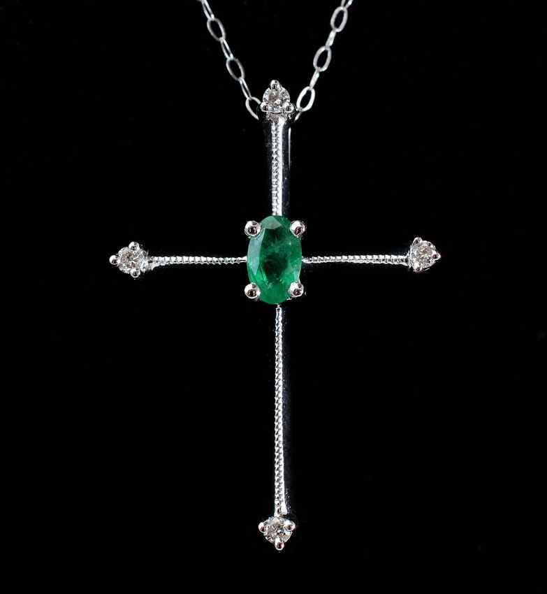 Appraisal: K DIAMOND EMERALD CROSS NECKLACE K white gold pendant contains