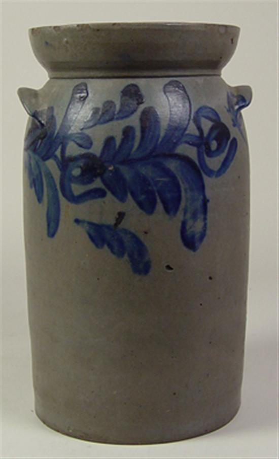 Appraisal: American Stoneware Churn Bold foliate and tulip freehand design Several