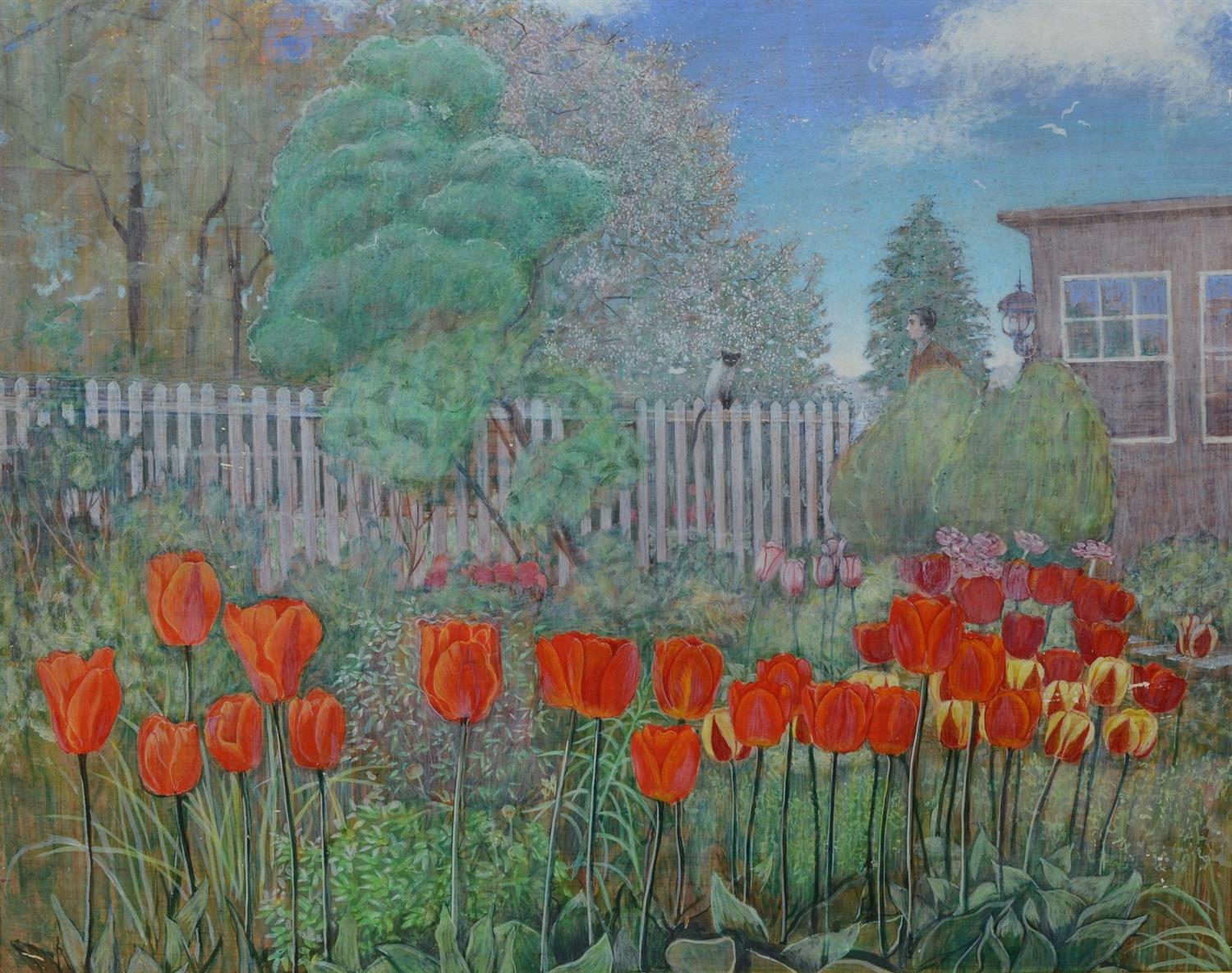 Appraisal: Joan Kerry American - tempera on masonite Tulips and White