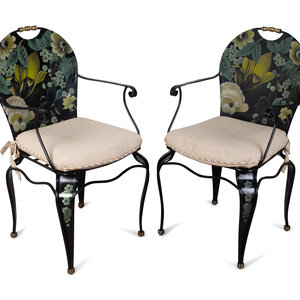 Appraisal: A Pair of Floral Painted Metal Garden Armchairs Height inches