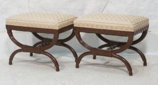 Appraisal: Pr Decorator Stools Benches Carved wood painted brown Beige upholstery