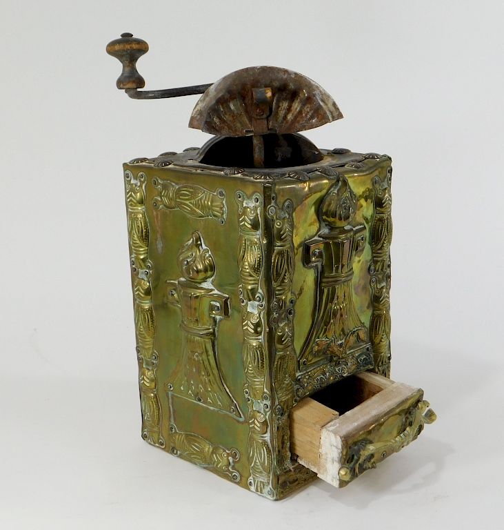 Appraisal: European Repousse Cicada Decorated Coffee Mill Europe Early th Century