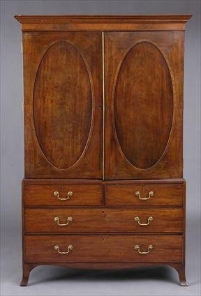 Appraisal: GEORGE III INLAID MAHOGANY TWO-PART LINEN PRESS The molded and