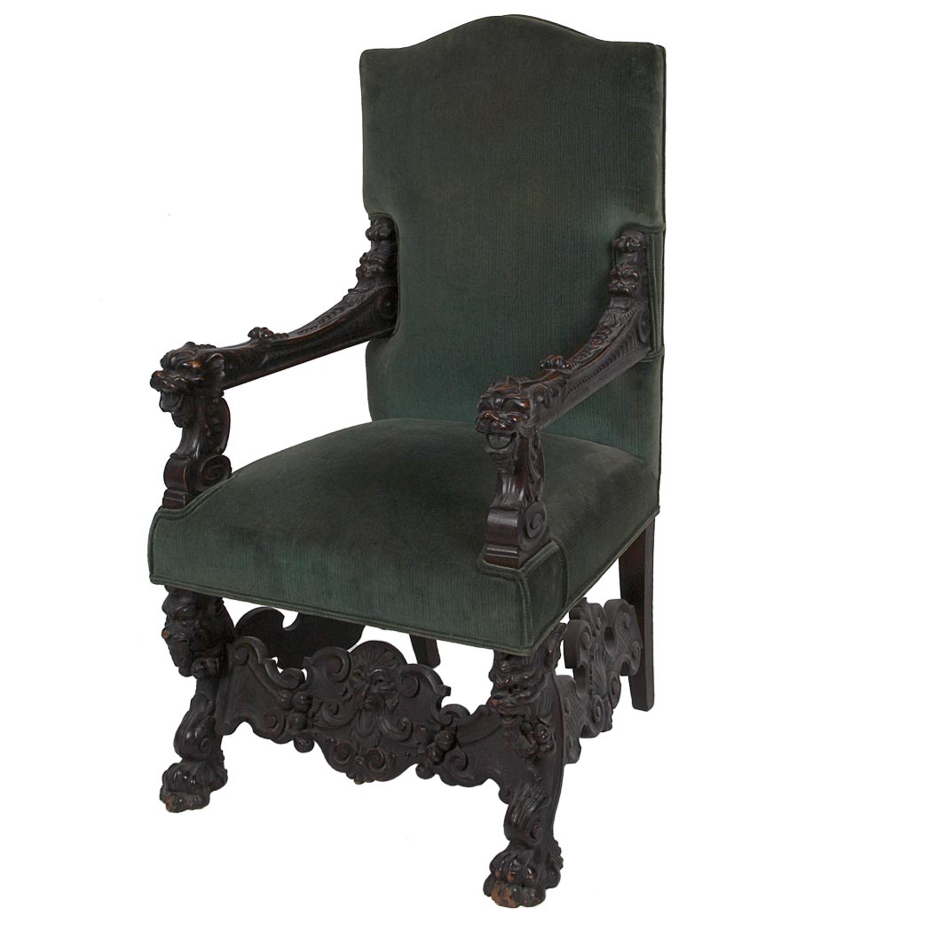 Appraisal: Italian Baroque Style Walnut Armchair th Century The arched rectangular