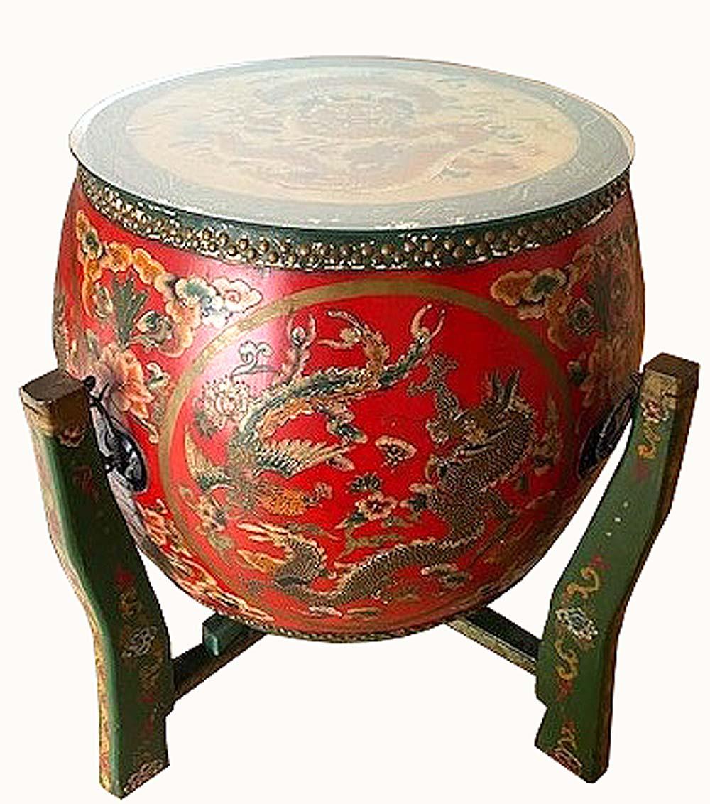 Appraisal: TIBETAN PAINTED WOOD VELLUM DRUM ON STAND th Century Circular