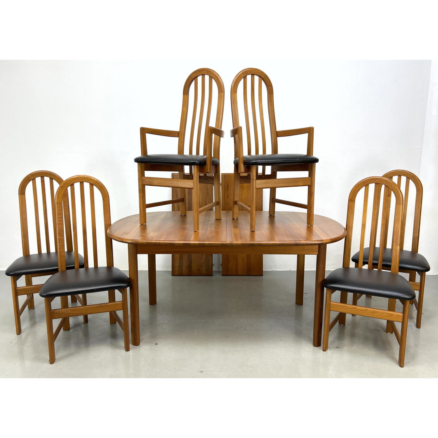 Appraisal: pc Teak NORDIC Modern Dining Table Chairs Six Tall Arched