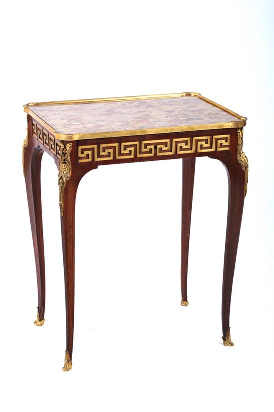 Appraisal: TRANSITIONAL LOUIS XV XVI STYLE MARBLE-TOP PETITE TEA TABLE late