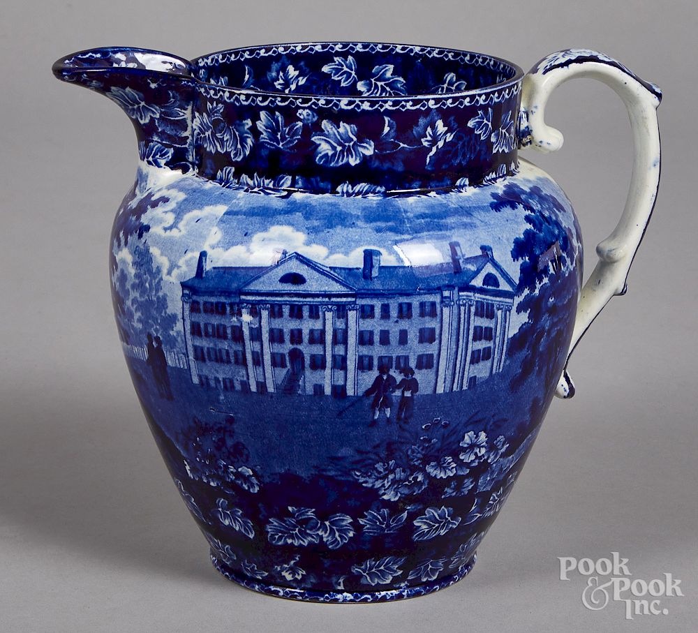 Appraisal: Historical blue Staffordshire pitcher Historical blue Staffordshire Almshouse New York