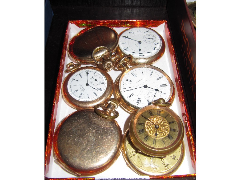 Appraisal: Lot comprising six rolled gold pocket watches and a fob