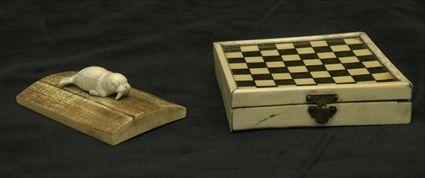 Appraisal: Ivory Miniature Traveling Games Box With ivory chess pieces and