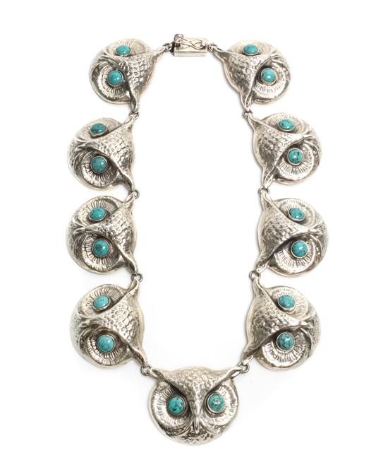 Appraisal: Sale Lot A Mexican Silver and Turquoise Owl Necklace Federico