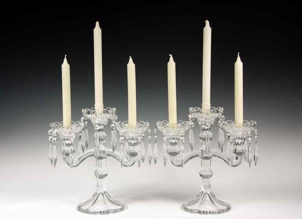 Appraisal: PAIR CRYSTAL CANDELABRUM - Pair s Vintage Cast Crystal Three-Stem