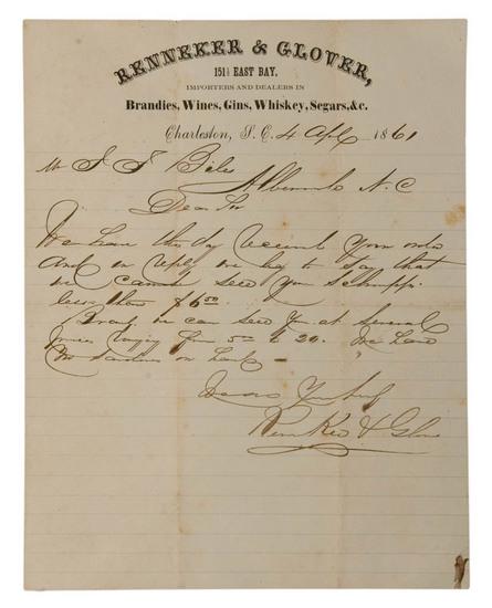 Appraisal: CIVIL WAR - Confederate Four Confederate partly-printed invoices for liquor