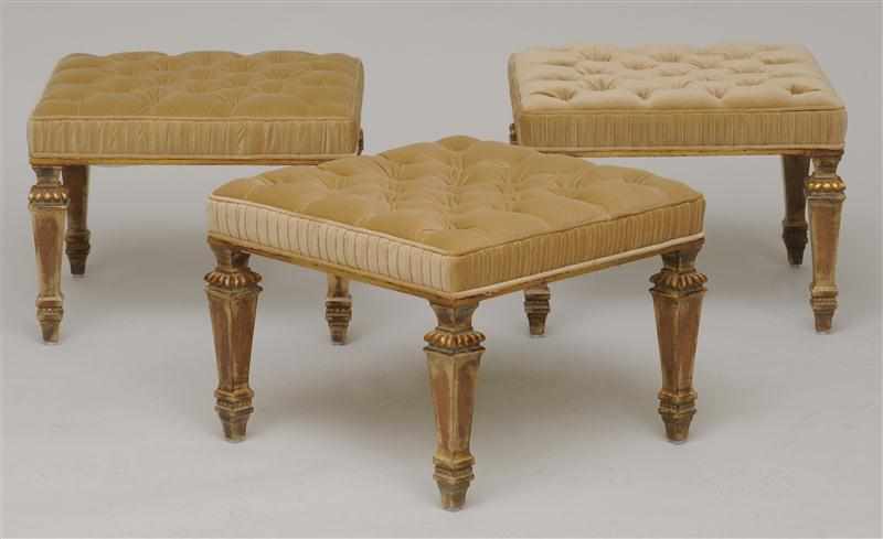 Appraisal: SET OF THREE FRENCH GILTWOOD TUFTED VELVET UPHOLSTERED STOOLS Provenance