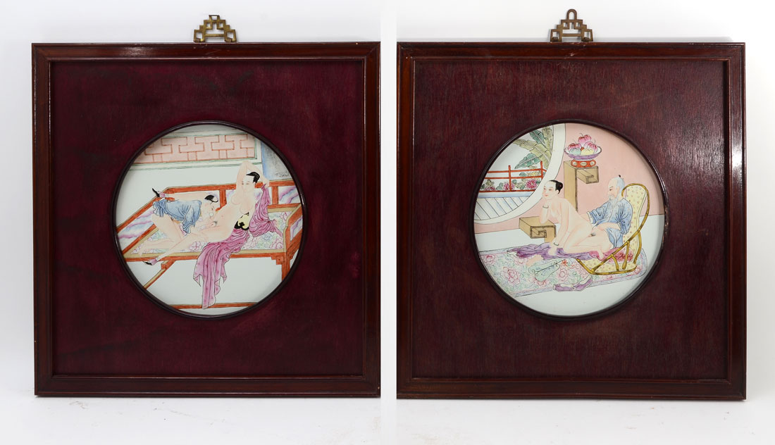 Appraisal: PAIR CHINESE EXPORT EROTIC PORCELAIN PLAQUES round polychrome decorated plaques