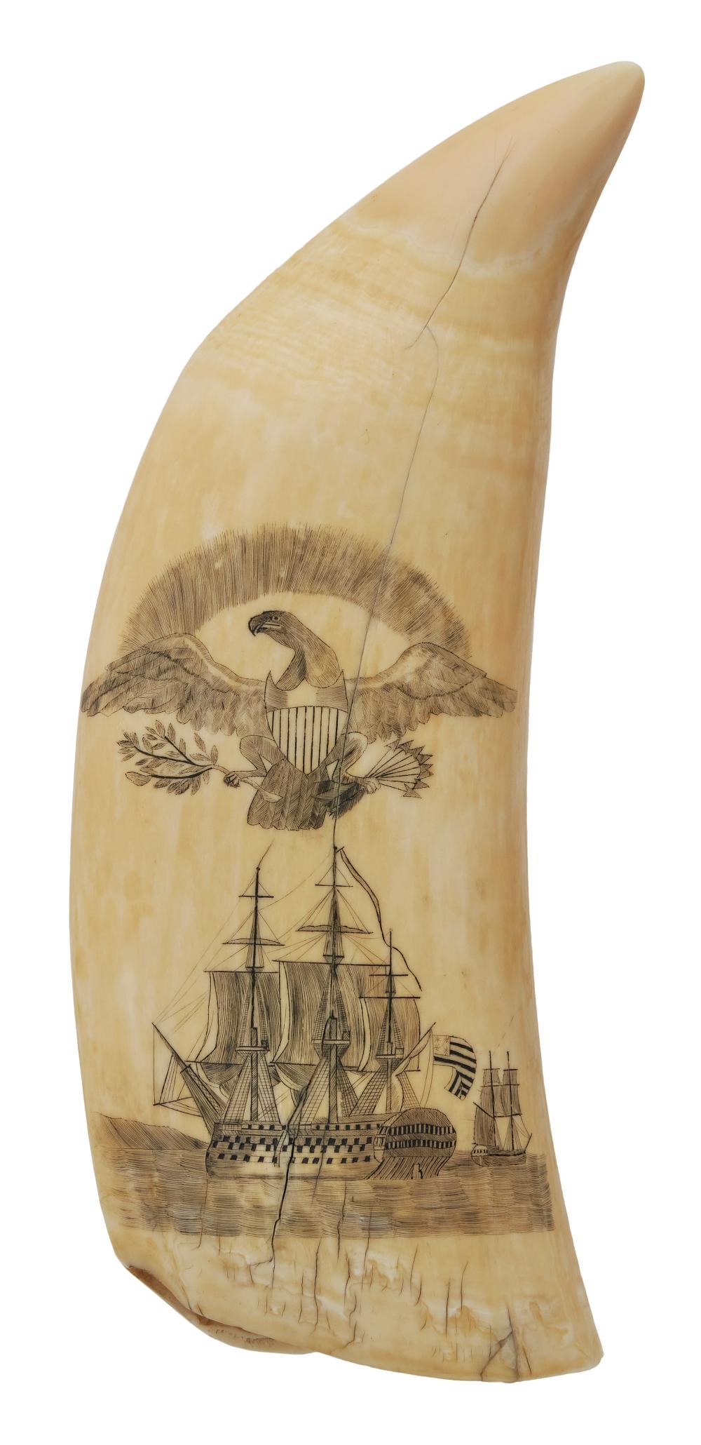 Appraisal: SCRIMSHAW WHALE'S TOOTH DEPICTING AMERICAN SHIPS MID- TH CENTURY LENGTH