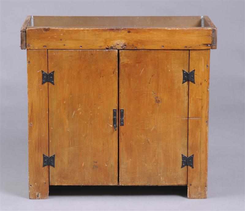 Appraisal: AMERICAN WROUGHT-IRON MOUNTED STAINED PINE DRY SINK The rectangular trough