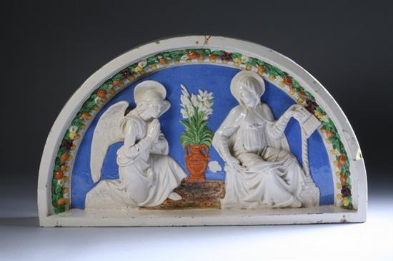 Appraisal: DELLA ROBBIA-STYLE MAIOLICA DEMI-LUNE PLAQUE early th century Depicting the