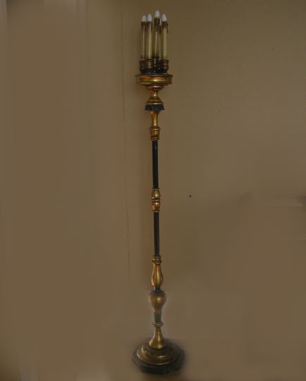 Appraisal: Stately Italian Black and Gold Turned Wooden Five-Light Candelabrum Floor