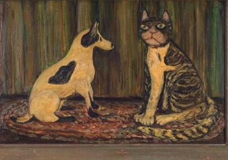 Appraisal: AMERICAN PRIMITIVE PAINTING OF A CAT AND DOG SEATED ON