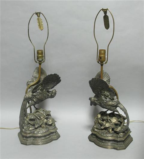 Appraisal: PAIR OF PARCEL-GILT BRONZE PHEASANT LAMPS Each lamp base finely