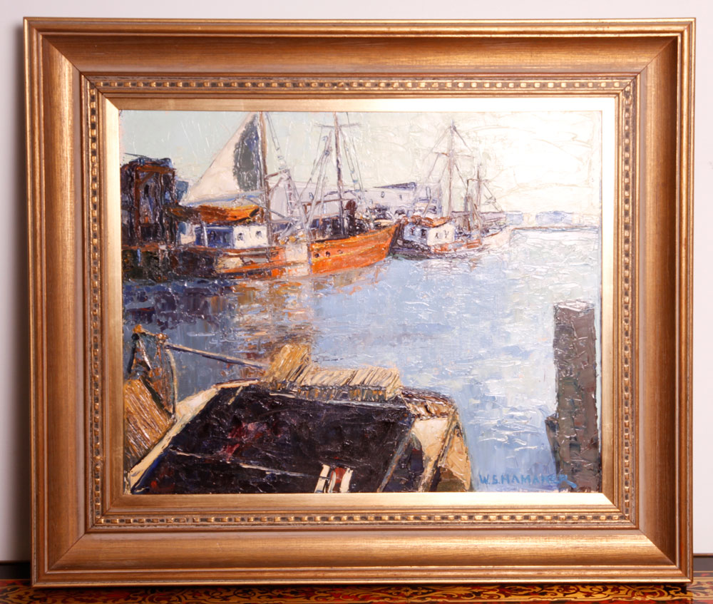 Appraisal: - Hamaker Harbor Scene O B W S Hamaker American