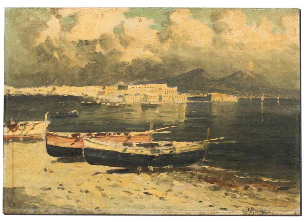 Appraisal: ILLEGIBLY SIGNED ITALIAN COASTAL PAINTING Scene depicts the Bay of