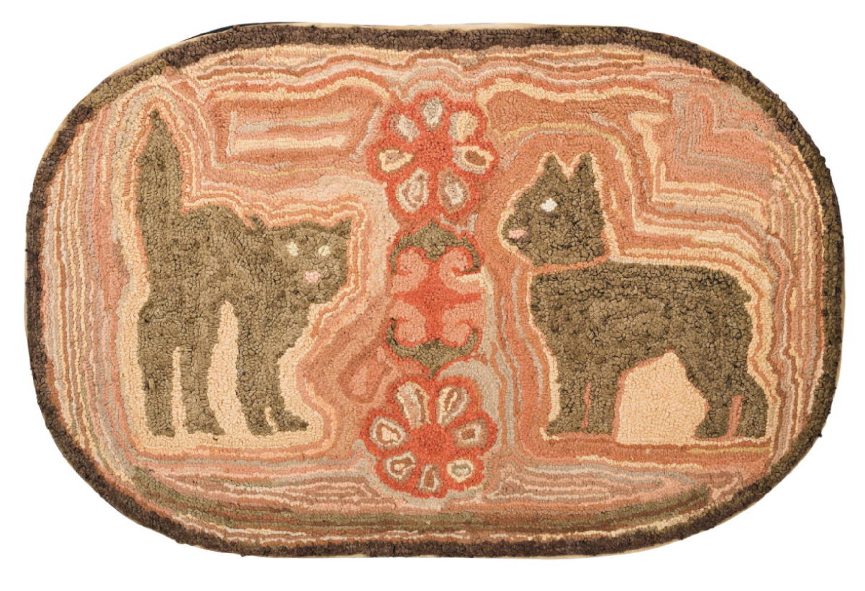 Appraisal: OVAL HOOKED RUG OF A CAT HISSING AT A DOG