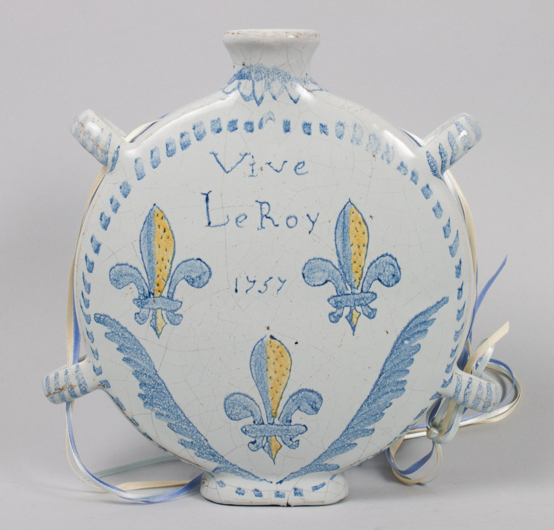 Appraisal: Malicorne faience flask late th century with fleur-de-lis and blue