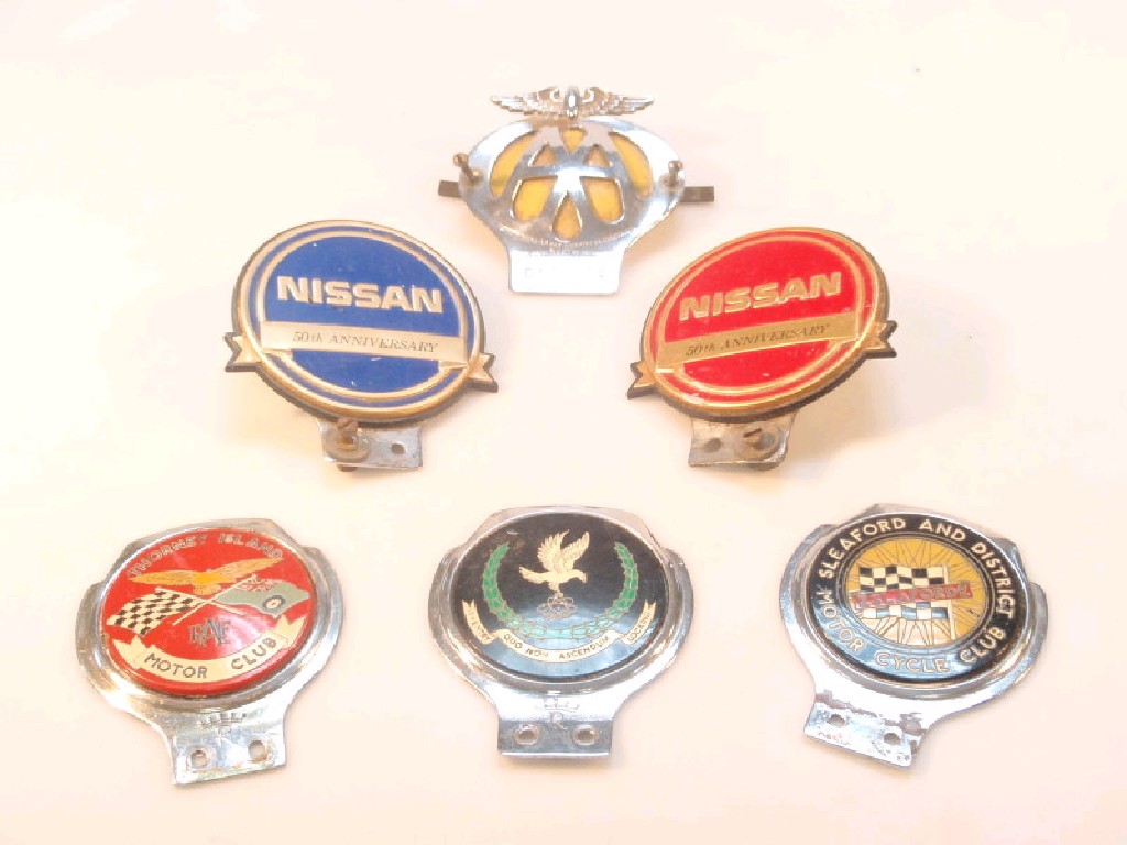 Appraisal: Six automobile bar badges including Thorney Island RAF Motor Club