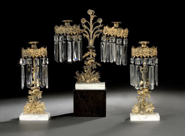 Appraisal: American Three-Piece Gilt-Lacquered Brass White Marble and Cut Glass Frolicking