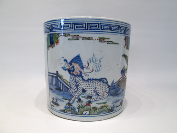 Appraisal: CHINESE DOUCAI PORCELAIN BRUSH POT decorated with hand enameled dragon