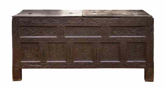 Appraisal: An English Carved Oak Coffer dated having a rectangular hinged