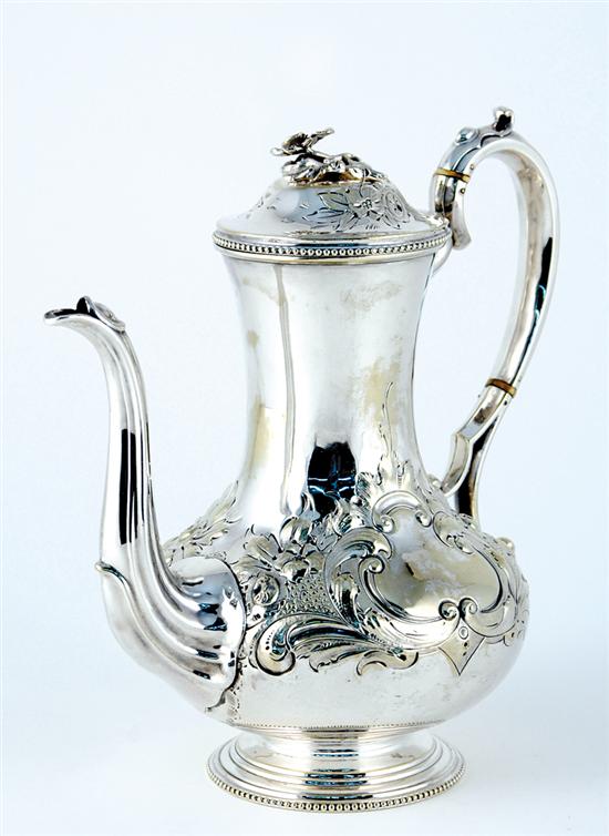 Appraisal: Classical silverplate coffeepot floral finial on hinged dome cover on