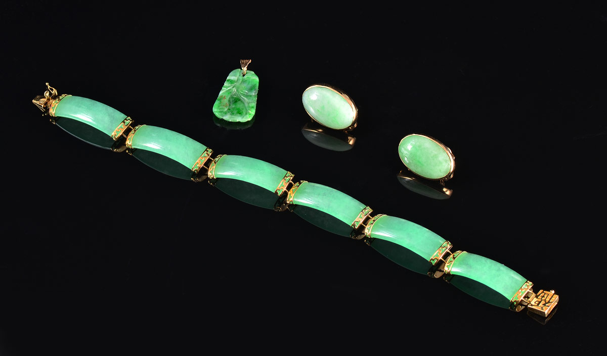 Appraisal: JADE BRACELET EARRINGS PENDANT K yellow gold mounted jade bar