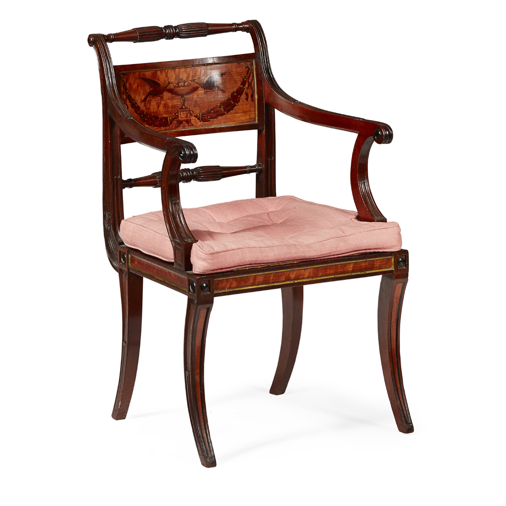 Appraisal: FINE LATE GEORGE III MAHOGANY SATINWOOD AND PAINTED ARMCHAIR LATE