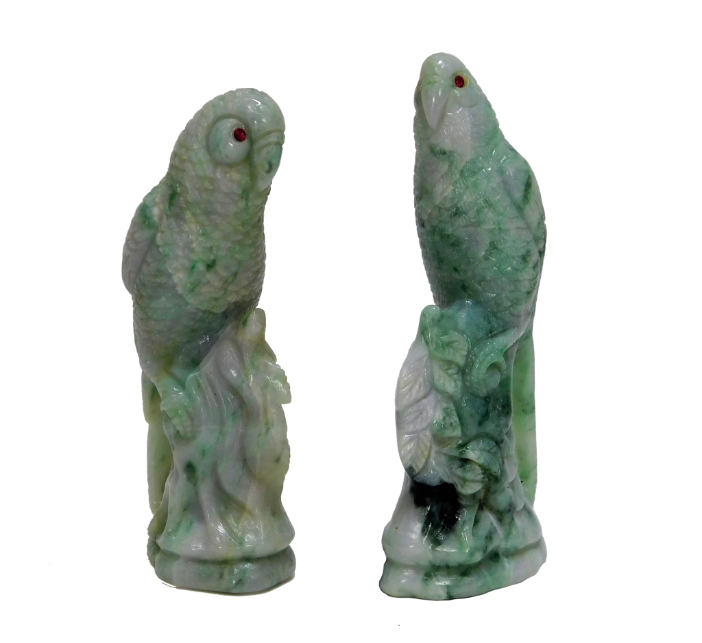 Appraisal: PR CHINESE CARVED JADEITE BIRD PARROT FIGURES China Circa Each