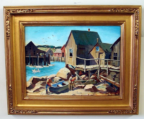 Appraisal: Rowboats wharf scene oil on board x SLR H Gasser