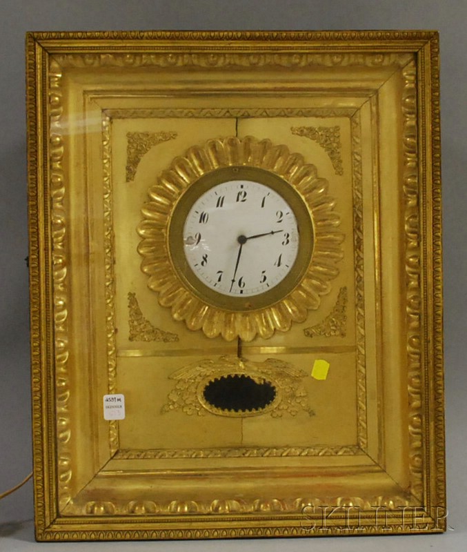 Appraisal: Neoclassical Gilt Wall Clock with enameled Arabic numeral dial and