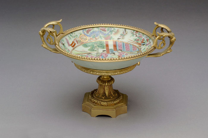 Appraisal: CHINESE EXPORT PORCELAIN AND ORMOLU MOUNTED COMPOTE The central celadon