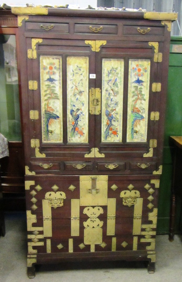 Appraisal: A th century Chinese brass mounted hardwood side cabinet with