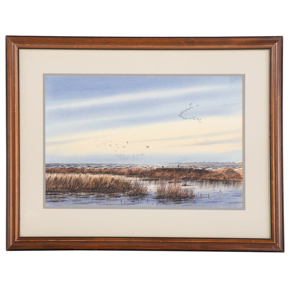 Appraisal: Ned Ewell Ducks Flying Over Marsh watercolor American late th