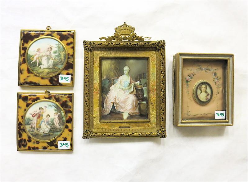 Appraisal: FOUR HAND PAINTED MINIATURES Madame Pompadour reading music image measures