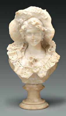 Appraisal: Carved alabaster bust young woman wearing lace bonnet unsigned round