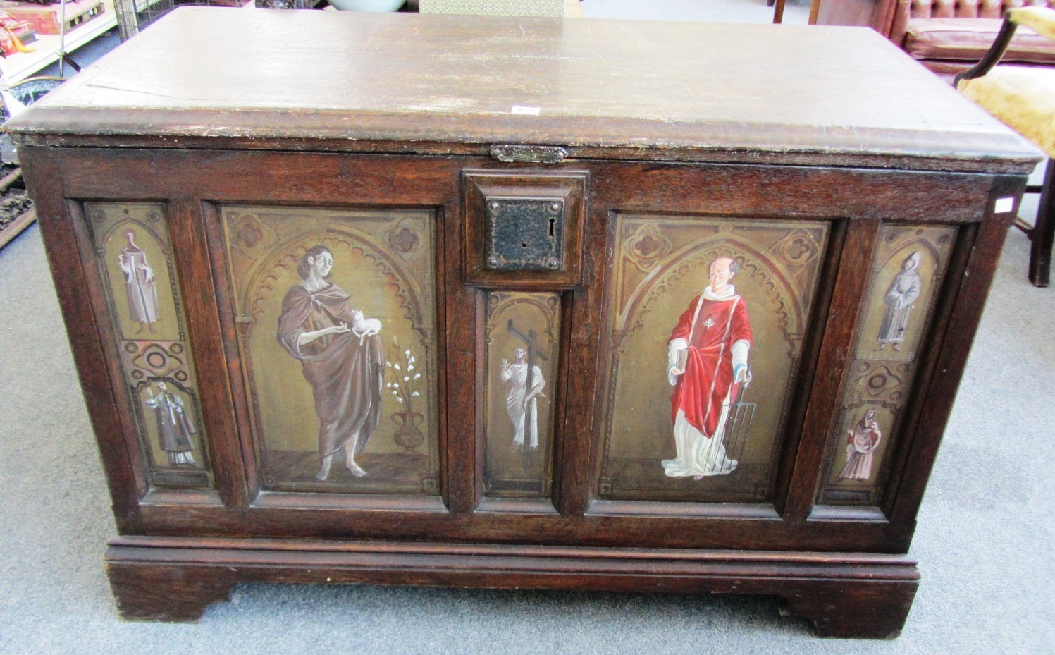 Appraisal: A th century oak trunk all four side panels hand