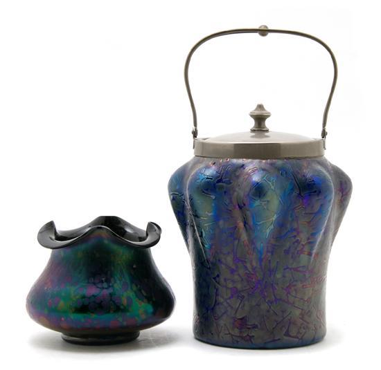 Appraisal: n Iridescent Glass Biscuit Barrel having lid and swing handle