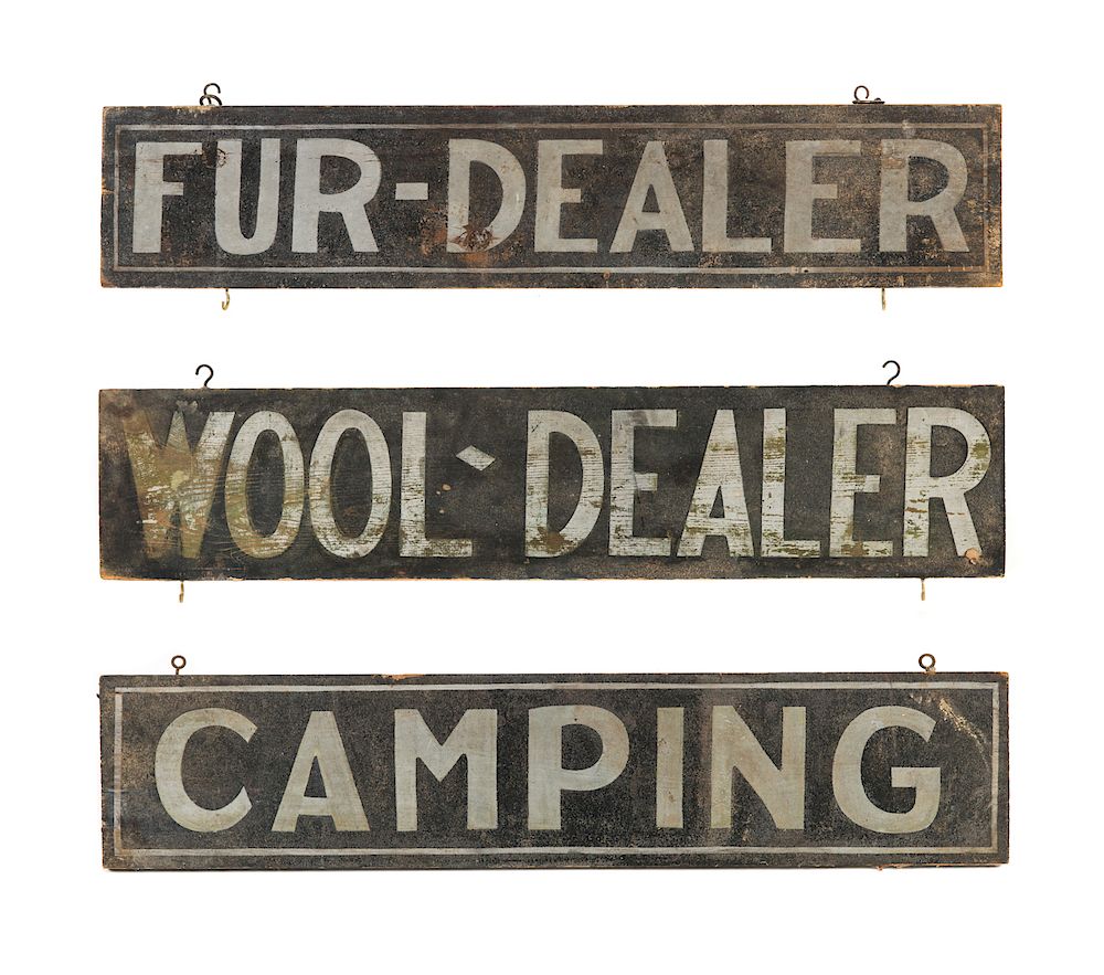 Appraisal: Early Wooden Painted General Store Signs Fur Dealer Measures tall