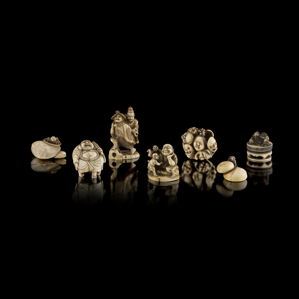 Appraisal: YGROUP OF SEVEN CARVED IVORY NETSUKE MEIJI PERIOD comprising a