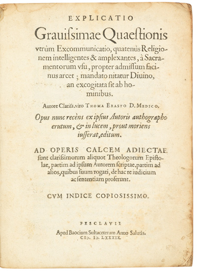 Appraisal: ERASTUS THOMAS Explicatio gravissimae quaestionis pages to contemporary limp vellum