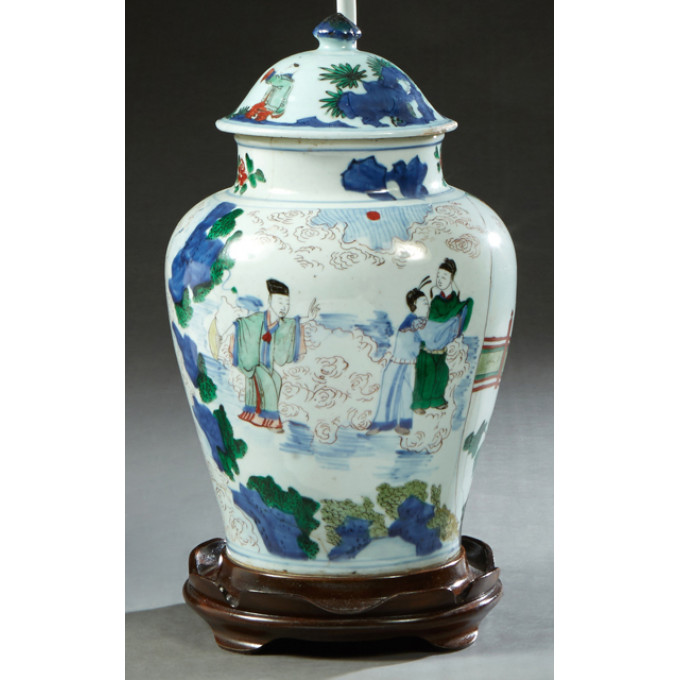 Appraisal: Wucai Baluster Jar and Cover possibly Qing Dynasty with scenic